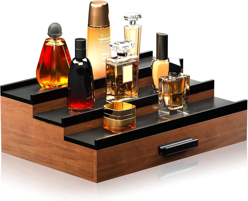 Sephyroth Cologne Organizer for Men 3 Tier of Elevated Cologne Display Shelf with Drawer Storage Perfume Organization and Storage Display Risers,Great Gift for Man(Walnut Black) - Image 1